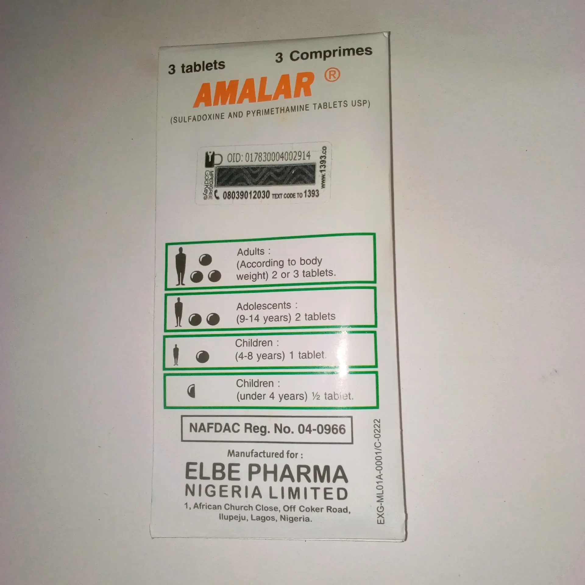 Amalar Tablet (sulfadoxine/pyrimethamine 500mg/25mg)